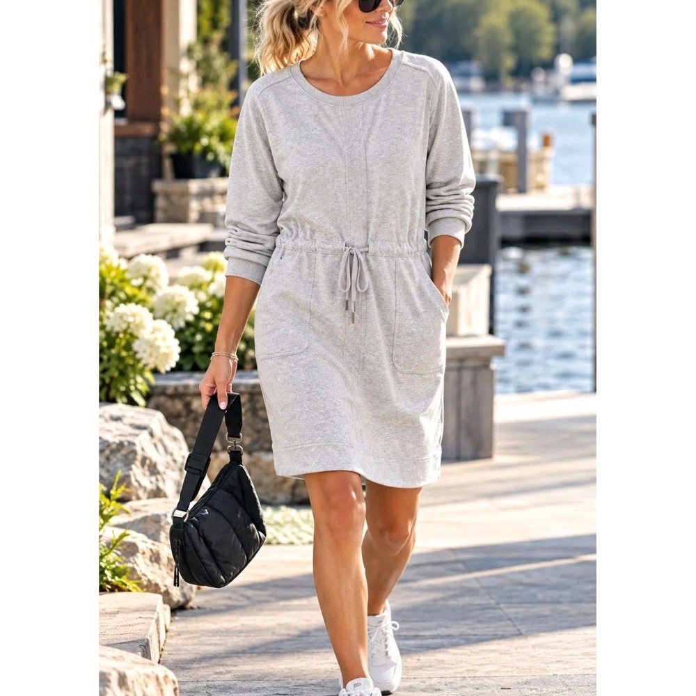 Athleta Farallon Dress Long Sleeve Drawstring Waist Sweatshirt Heather Gray L